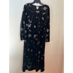 Talbots Velvet Floral Maxi Dress Black Gray Silver Long Sleeve Womens Size S VTG